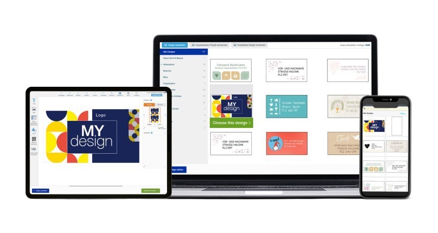 Tabletă, laptop şi telefon cu programul de editare etichete
